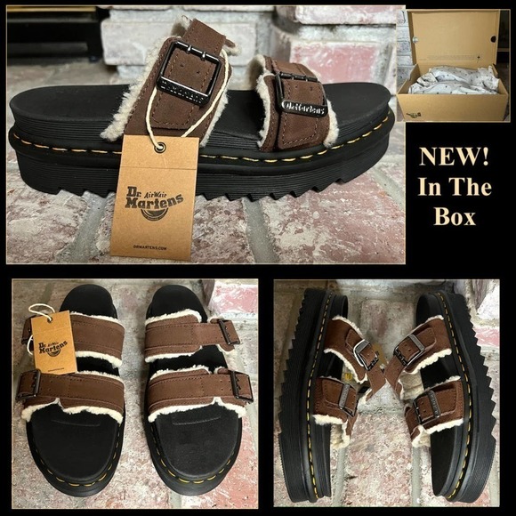 Dr. Martens Women Myles Faux Fur Platform Sandal (Unisex) W12 M11 BROWN - Picture 1 of 5